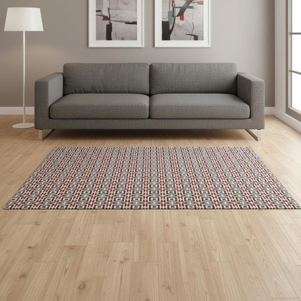 HomeRoots 5' X 8' Washable Geometric Area Rug in Red, Black & Ivory - UV-Resistant, Durable & Stylish Decor 645273