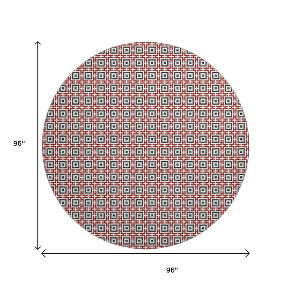 HomeRoots 8' Bold Red, Black & Ivory Geometric Round Rug - Washable, Stain-Resistant, UV Protected Design! 645274