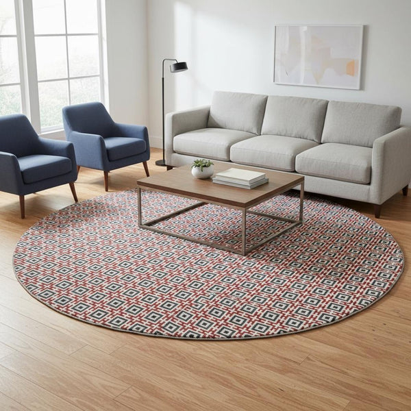 HomeRoots 8' Bold Red, Black & Ivory Geometric Round Rug - Washable, Stain-Resistant, UV Protected Design! 645274