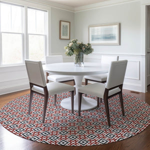 HomeRoots 8' Bold Red, Black & Ivory Geometric Round Rug - Washable, Stain-Resistant, UV Protected Design! 645274