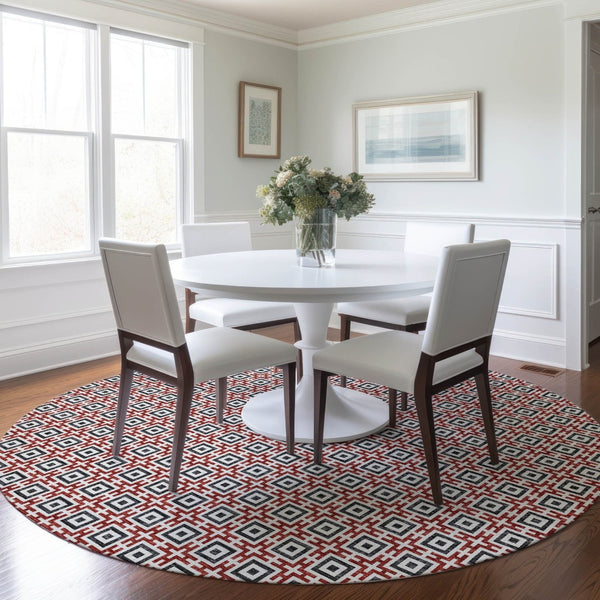 HomeRoots 8' Bold Red, Black & Ivory Geometric Round Rug - Washable, Stain-Resistant, UV Protected Design! 645274