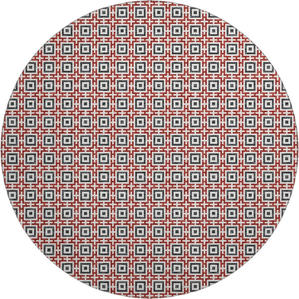 HomeRoots 8' Bold Red, Black & Ivory Geometric Round Rug - Washable, Stain-Resistant, UV Protected Design! 645274