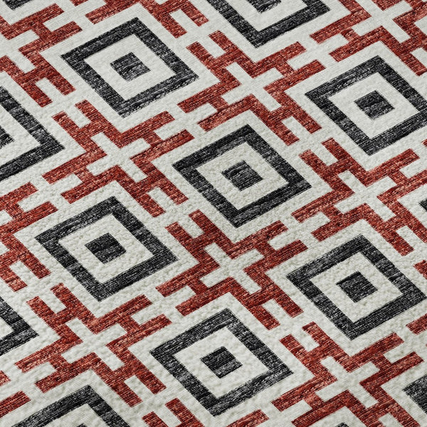 HomeRoots 8' Bold Red, Black & Ivory Geometric Round Rug - Washable, Stain-Resistant, UV Protected Design! 645274
