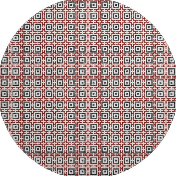 HomeRoots 8' Bold Red, Black & Ivory Geometric Round Rug - Washable, Stain-Resistant, UV Protected Design! 645274