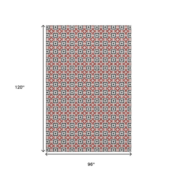 HomeRoots 8' X 10' Geometric Area Rug in Red, Black & Ivory – Washable, UV Protected, Pet-Friendly Design! 645275