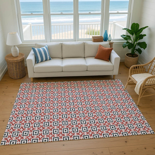 HomeRoots 8' X 10' Geometric Area Rug in Red, Black & Ivory – Washable, UV Protected, Pet-Friendly Design! 645275
