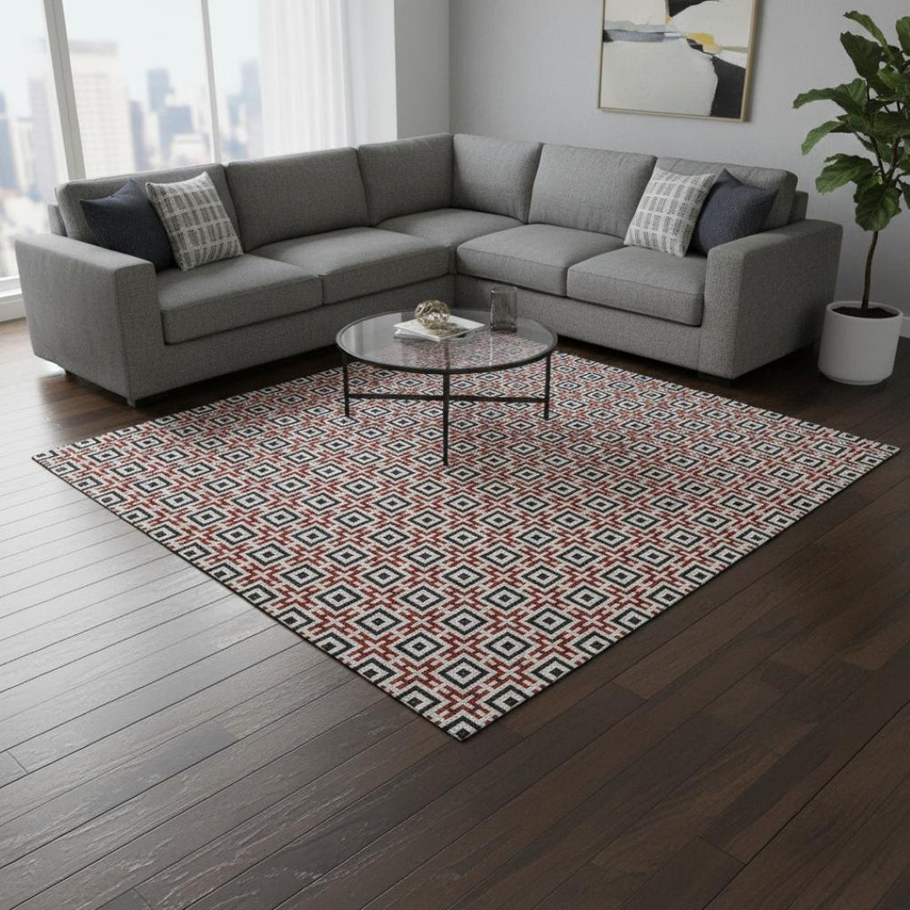 HomeRoots 8' X 10' Geometric Area Rug in Red, Black & Ivory – Washable, UV Protected, Pet-Friendly Design! 645275