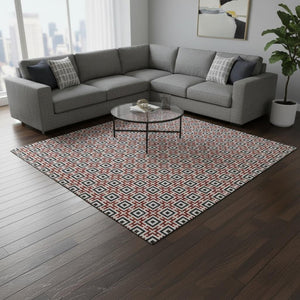 HomeRoots 8' X 10' Geometric Area Rug in Red, Black & Ivory – Washable, UV Protected, Pet-Friendly Design! 645275
