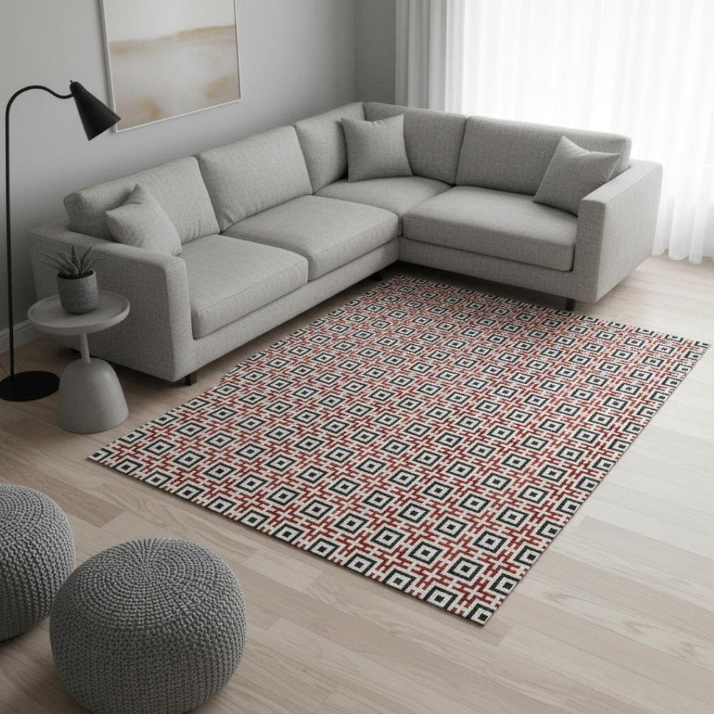 HomeRoots 9' X 12' Geometric Area Rug in Red, Black & Ivory – Washable, UV Protected, Perfect for High Traffic Areas! 645276