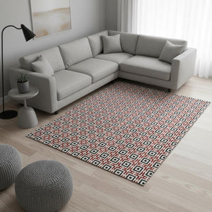 HomeRoots 9' X 12' Geometric Area Rug in Red, Black & Ivory – Washable, UV Protected, Perfect for High Traffic Areas! 645276