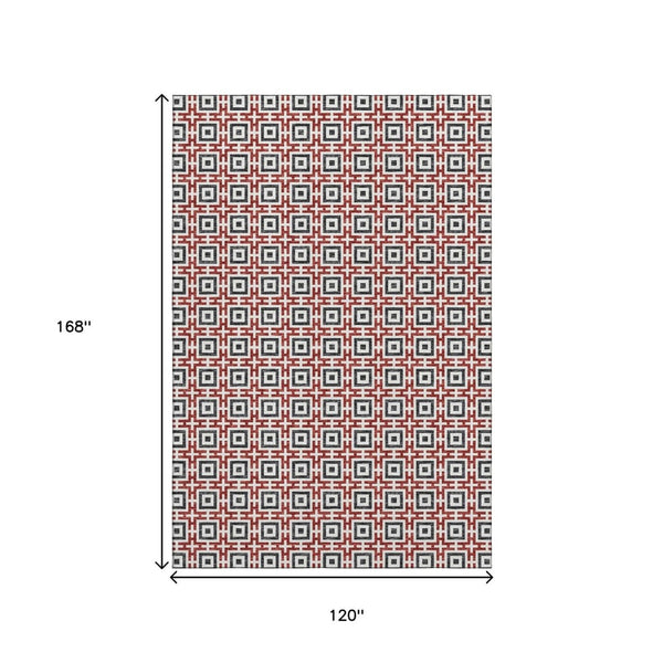 HomeRoots 10' Washable Geometric Area Rug in Red, Black & Ivory – UV Protected, Durable & Stylish for Any Space 645277