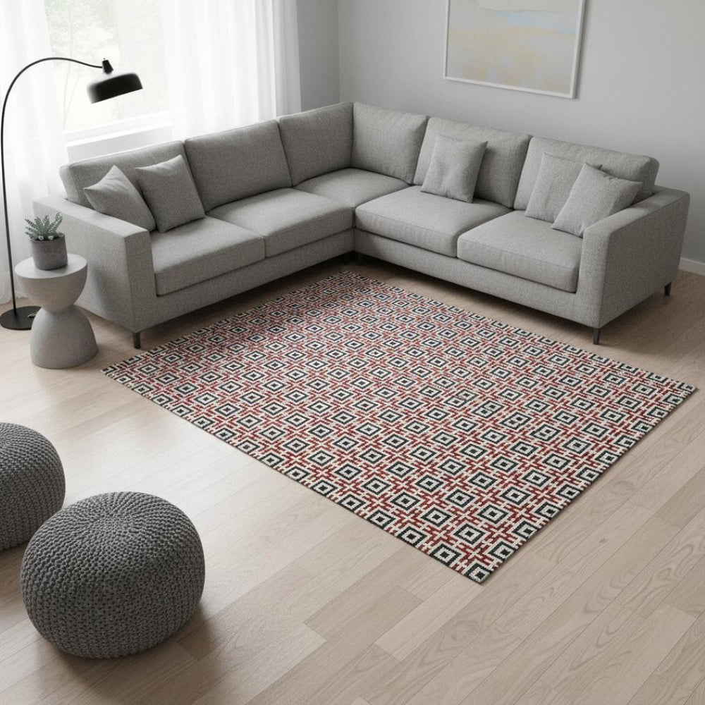 HomeRoots 10' Washable Geometric Area Rug in Red, Black & Ivory – UV Protected, Durable & Stylish for Any Space 645277