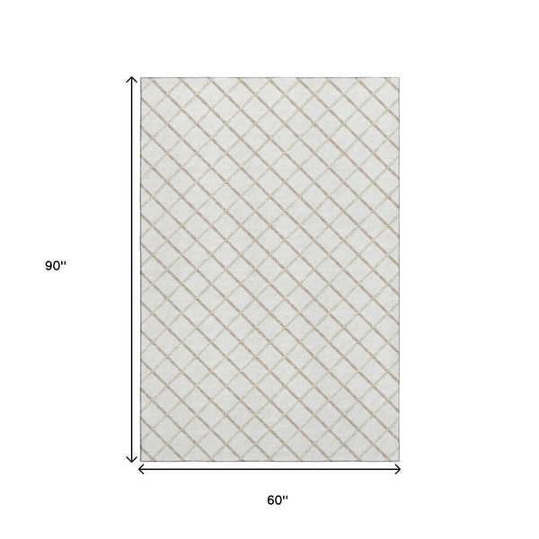 HomeRoots 5' X 8' Ivory and Taupe Geometric Area Rug - Washable, UV Protected, Stain Resistant for Modern Spaces 645279