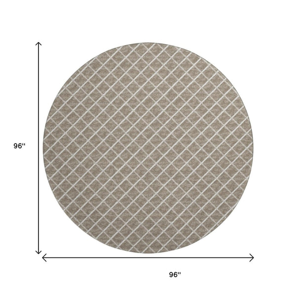 HomeRoots 8' Taupe and Ivory Geometric Washable Round Rug - UV Protected, Durable, Stylish for Any Space 645286