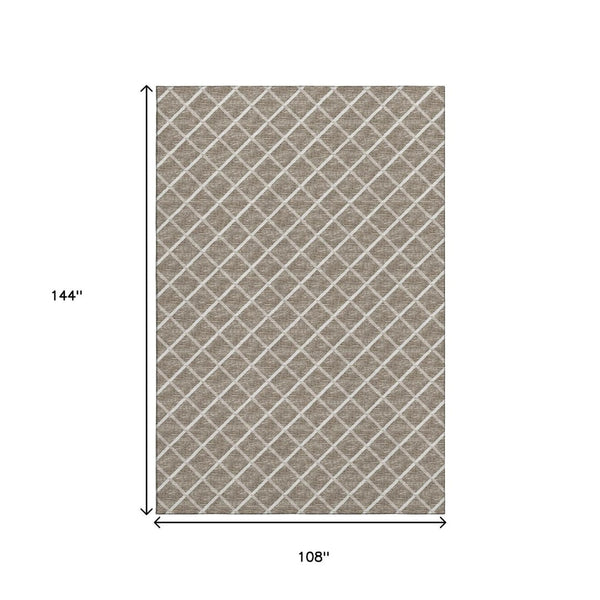 HomeRoots 9' X 12' Stylish Taupe and Ivory Geometric Area Rug - Washable, UV Protected, Perfect for Pets! 645288