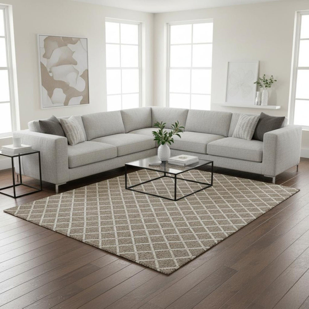 HomeRoots 9' X 12' Stylish Taupe and Ivory Geometric Area Rug - Washable, UV Protected, Perfect for Pets! 645288