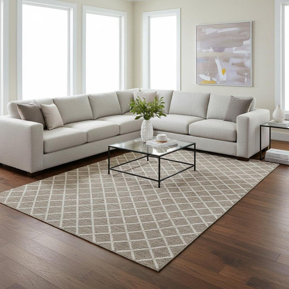 HomeRoots 10' X 14' Taupe & Ivory Geometric Area Rug - Washable, UV-Protected, Perfect for Busy Homes! 645289