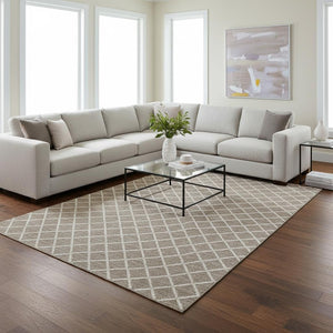 HomeRoots 10' X 14' Taupe & Ivory Geometric Area Rug - Washable, UV-Protected, Perfect for Busy Homes! 645289