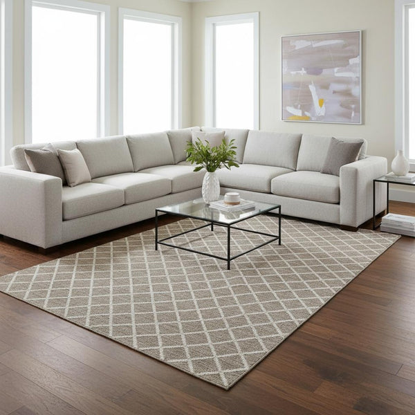 HomeRoots 10' X 14' Taupe & Ivory Geometric Area Rug - Washable, UV-Protected, Perfect for Busy Homes! 645289
