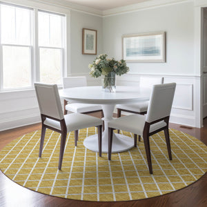 HomeRoots 8' Gold and Ivory Geometric Round Rug - Washable, UV Protected, Durable for High-Traffic Areas 645292