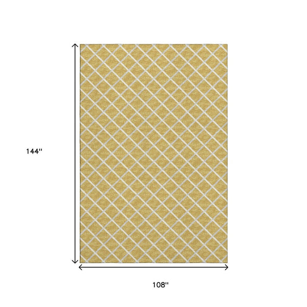 HomeRoots 9' X 12' Gold and Ivory Geometric Washable Area Rug – Stain Resistant, UV Protected, Modern Elegance! 645294