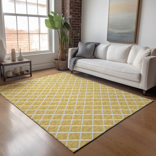 HomeRoots 9' X 12' Gold and Ivory Geometric Washable Area Rug – Stain Resistant, UV Protected, Modern Elegance! 645294