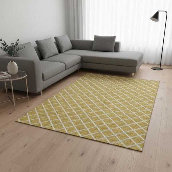 HomeRoots 9' X 12' Gold and Ivory Geometric Washable Area Rug – Stain Resistant, UV Protected, Modern Elegance! 645294