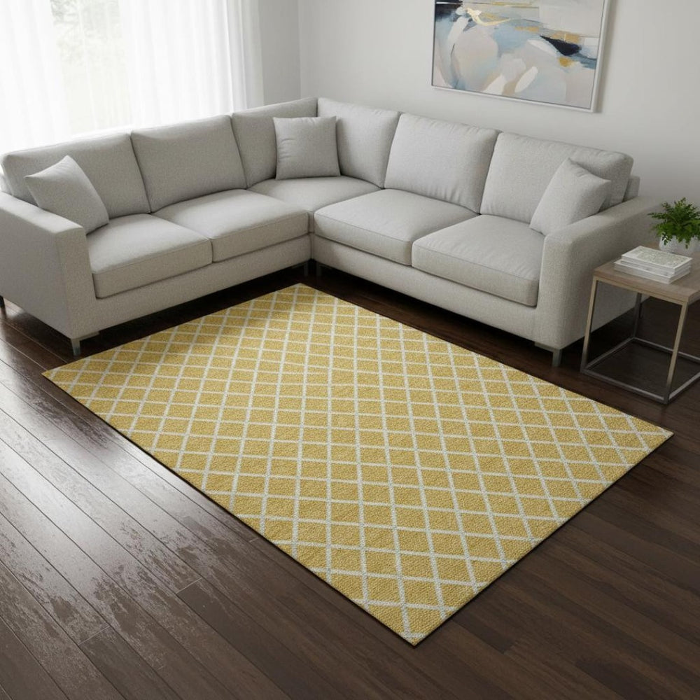 HomeRoots 10' X 14' Gold And Ivory Geometric Area Rug - Durable, Washable, UV-Protected for Modern Living Spaces 645295