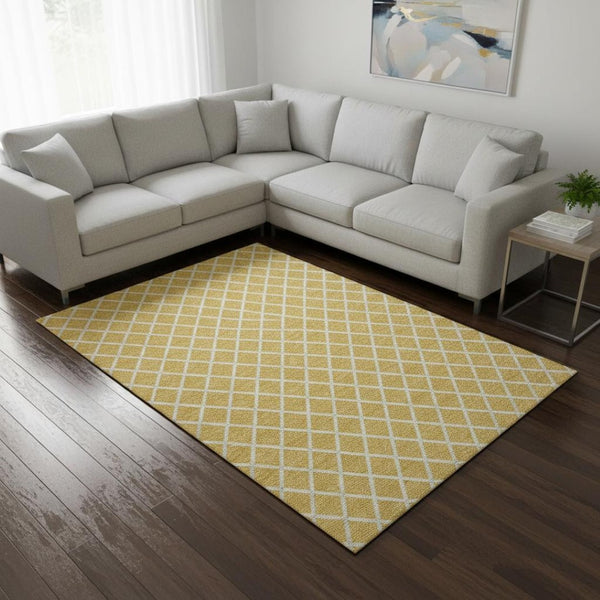 HomeRoots 10' X 14' Gold And Ivory Geometric Area Rug - Durable, Washable, UV-Protected for Modern Living Spaces 645295