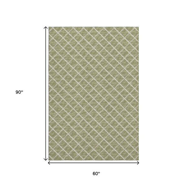 HomeRoots 5' X 8' Artichoke Green & Ivory Geometric Washable Area Rug - Durable, UV Protected, Stylish Design 645297