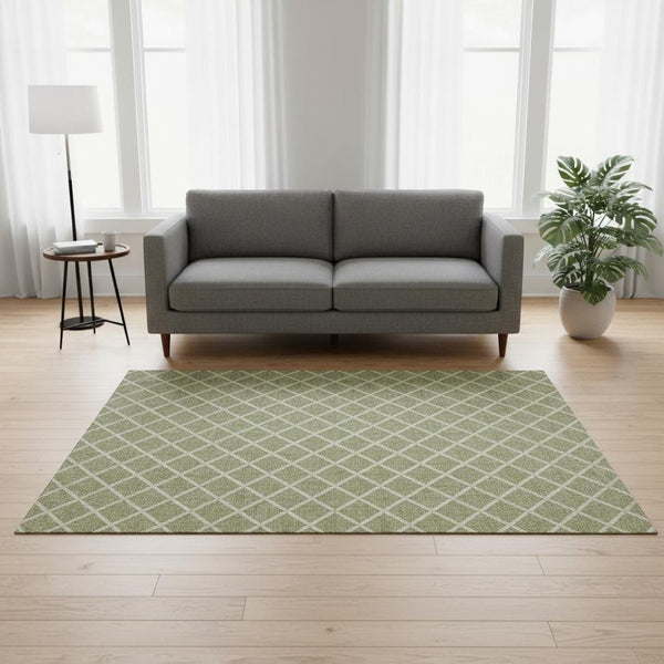HomeRoots 5' X 8' Artichoke Green & Ivory Geometric Washable Area Rug - Durable, UV Protected, Stylish Design 645297