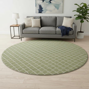 HomeRoots 8' Artichoke Green Geometric Round Rug - Durable, Washable, UV Protected for Indoor/Outdoor Style 645298