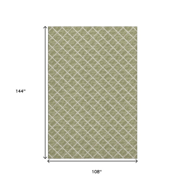 HomeRoots 9' Artichoke Green & Ivory Geometric Area Rug - Washable, UV-Protected & Ideal for Busy Homes! 645300