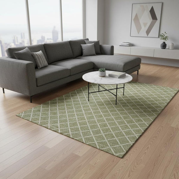 HomeRoots 9' Artichoke Green & Ivory Geometric Area Rug - Washable, UV-Protected & Ideal for Busy Homes! 645300