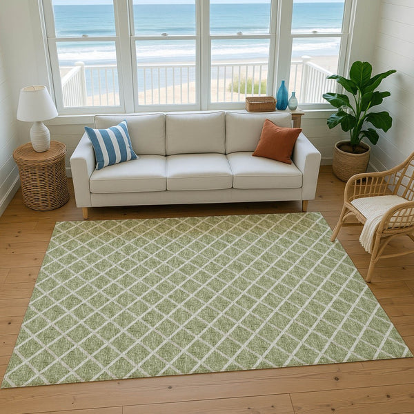 HomeRoots 10' X 14' Artichoke Green Geometric Area Rug - Washable, Stain Resistant, UV Protected for Modern Homes 645301