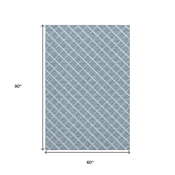 HomeRoots 5' X 8' Sky Blue & Ivory Geometric Washable Area Rug with UV Protection for Easy-Care Living Spaces 645303