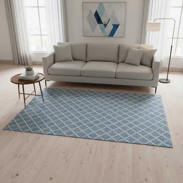 HomeRoots 5' X 8' Sky Blue & Ivory Geometric Washable Area Rug with UV Protection for Easy-Care Living Spaces 645303