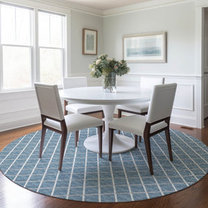 HomeRoots 8' Sky Blue and Ivory Geometric Round Rug – Washable, UV Protected, Perfect for High-Traffic Areas! 645304