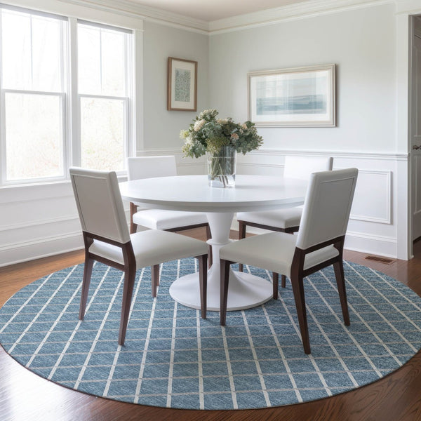 HomeRoots 8' Sky Blue and Ivory Geometric Round Rug – Washable, UV Protected, Perfect for High-Traffic Areas! 645304
