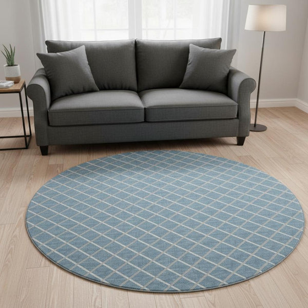 HomeRoots 8' Sky Blue and Ivory Geometric Round Rug – Washable, UV Protected, Perfect for High-Traffic Areas! 645304
