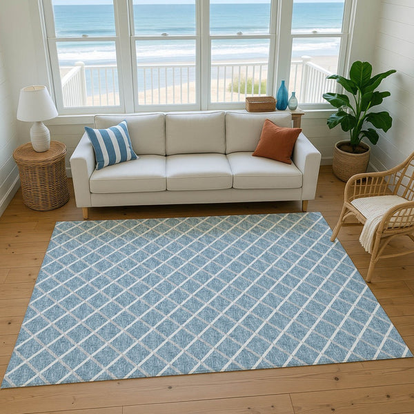 HomeRoots 10' Sky Blue & Ivory Geometric Area Rug - Washable, UV Protected, Durable Design for Modern Homes 645307