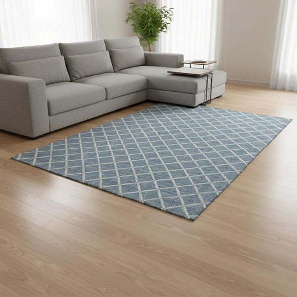 HomeRoots 10' Sky Blue & Ivory Geometric Area Rug - Washable, UV Protected, Durable Design for Modern Homes 645307
