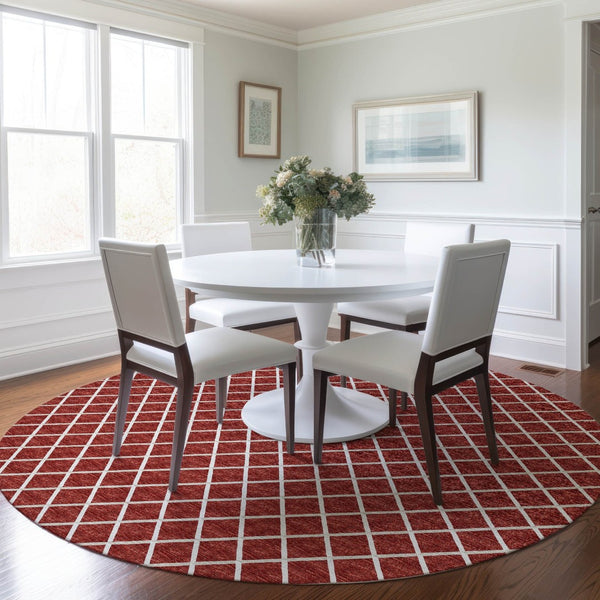 HomeRoots 8' Red And Ivory Geometric Round Rug - Washable, UV Protected, Stain Resistant, Ideal for Active Homes 645310