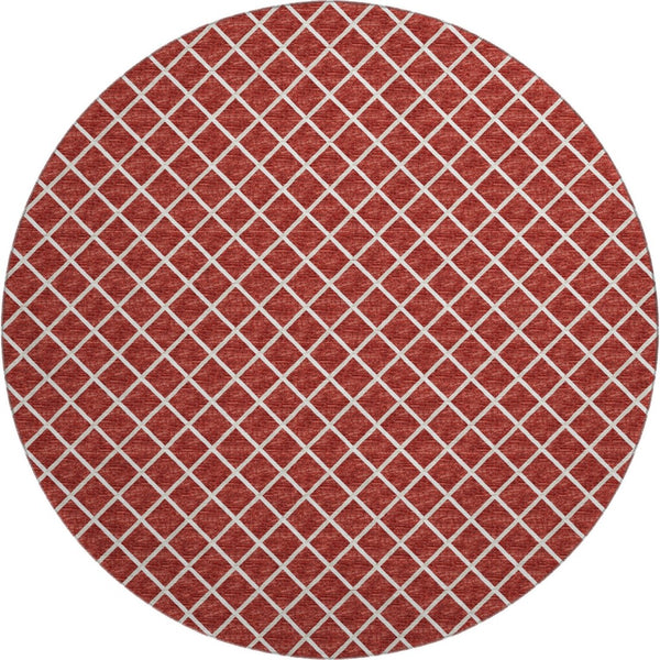HomeRoots 8' Red And Ivory Geometric Round Rug - Washable, UV Protected, Stain Resistant, Ideal for Active Homes 645310