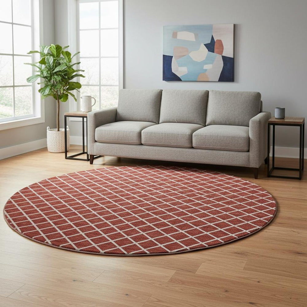 HomeRoots 8' Red And Ivory Geometric Round Rug - Washable, UV Protected, Stain Resistant, Ideal for Active Homes 645310