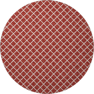 HomeRoots 8' Red And Ivory Geometric Round Rug - Washable, UV Protected, Stain Resistant, Ideal for Active Homes 645310
