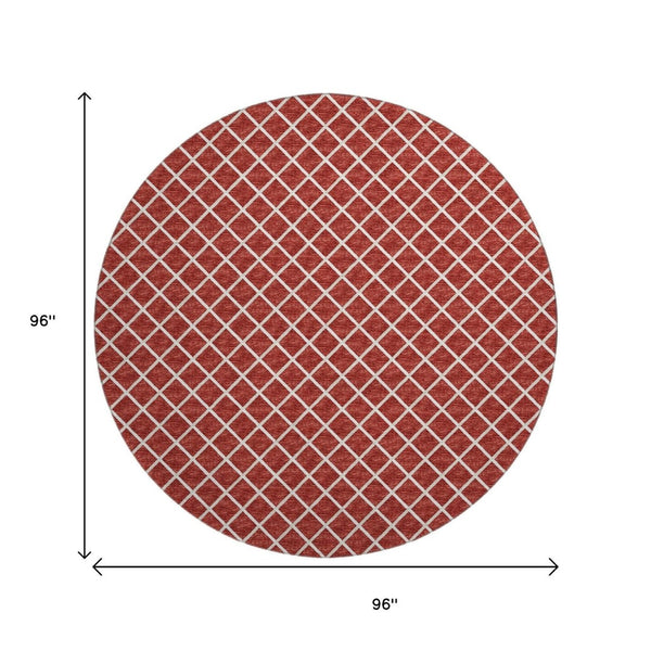 HomeRoots 8' Red And Ivory Geometric Round Rug - Washable, UV Protected, Stain Resistant, Ideal for Active Homes 645310