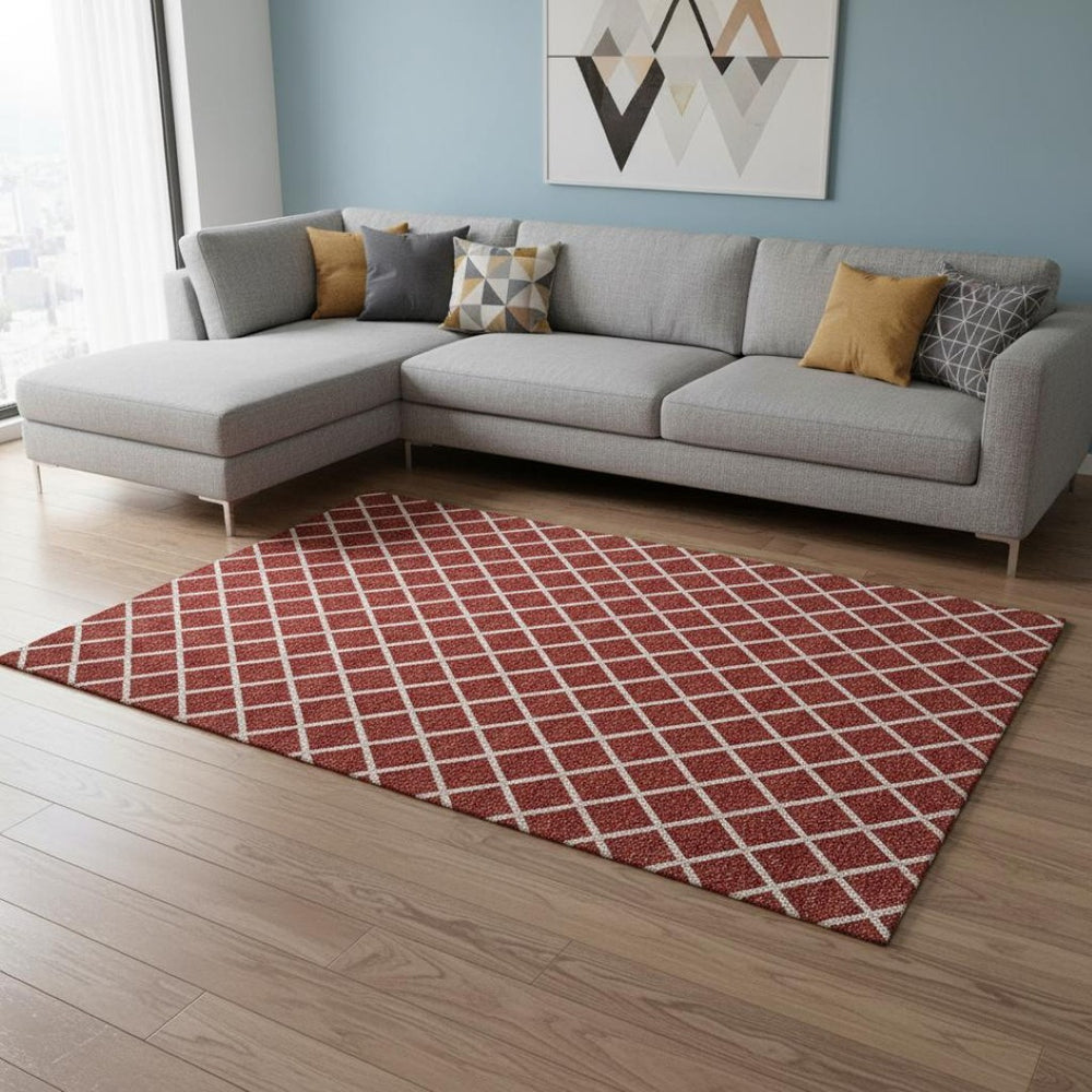 HomeRoots 8' X 10' Red And Ivory Geometric Washable Area Rug - Stylish, Durable, Stain-Resistant with UV Protection 645311
