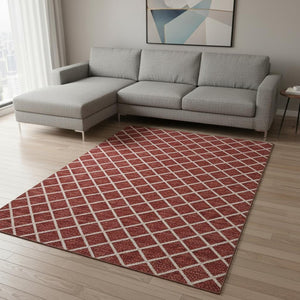 HomeRoots 9' X 12' Red and Ivory Geometric Area Rug - Durable, Machine Washable with UV Protection for Homes 645312