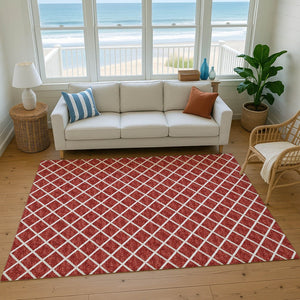 HomeRoots 10' X 14' Red And Ivory Geometric Area Rug - Durable, Washable, UV-Protected for Modern Spaces 645313